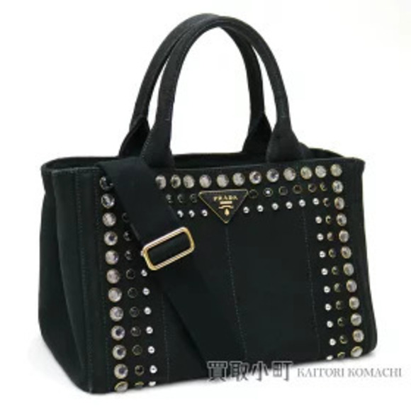 Prada Handbags - Prada Bijou Canapa Tote Bag Black Triangle Shoulder Handbag Studs Rhinestones